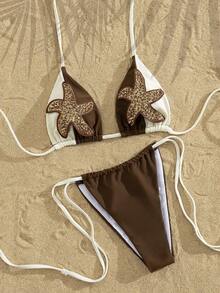 Swim SXY Women's Sexy Beach Vacation Sequin Starfish Patchwork Contrast Color Backless Tie Front Bikini Set Starfish Bikini Brown Bikini Set Tie Bikini Set Starfish Bathing Suit Brown Bathing Suit Women Sea Shell Bikini,Tropical Beach Bikini,Two Piece Bikini Set,Summer 2026 Bikini,Sequin Starfish Bikini,Brown Contrast Trim Bikini,Halter Tie Side Bikini,Tropical Resort Bikini,Glitter Starfish Swimwear,Sequin Embellished Swimwear - Multicolor - View 8
