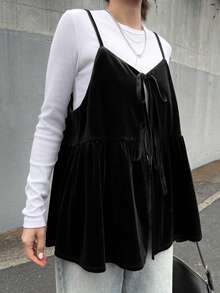 FRIFUL 女士纯棕色丝绒吊带背心，抽绳系带，褶裥设计，宽松休闲百搭，秋冬款 - 黑色 - 查看 5