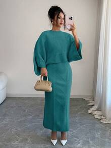 Elenzga Yellow Long Sleeve Top And Straight Skirt 2 Pieces Set, Elegant For Party And Commute, Autumn/Winter - Teal Blue - View 5