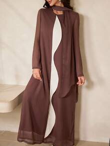 Al Najma 女士宽松撞色长袖休闲阿拉伯长袍 - 棕色 - 查看 3