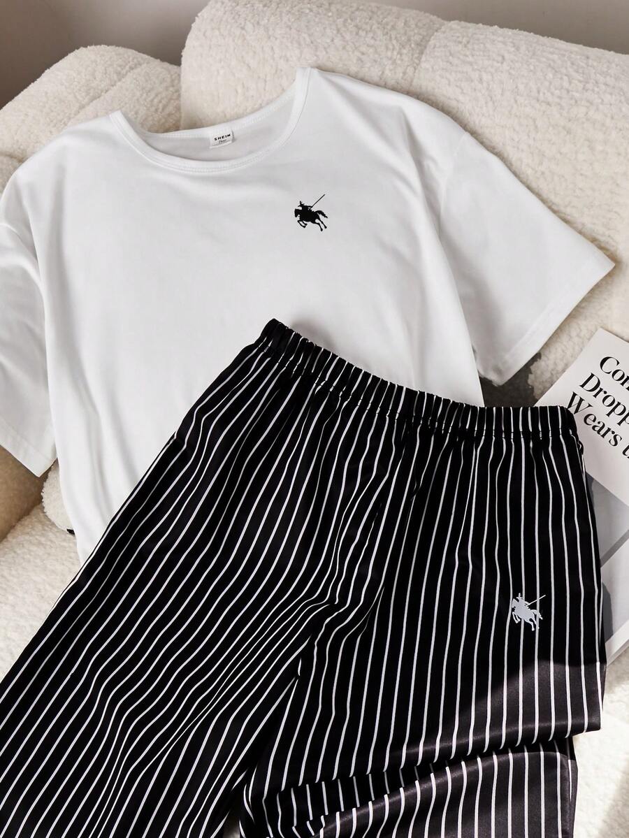 SHEIN 欧美风儿童夏季套装，宽松休闲短袖T恤，高腰黑白条纹阔腿裤，两件套，INS品牌，适合初中和高中学生，校园运动风，适合居家或户外穿着。 - 黑色 - 查看 1