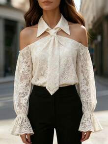Balvessa Bluzka damska z koronką odsłaniającą ramiona i wiązaniem przy szyi, z długim rękawem - Morela - Zobacz 6