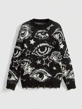 Grunge Punk Maglione lavorato a maglia con girocollo, effetto consumato, stile punk con motivo occhio, da donna