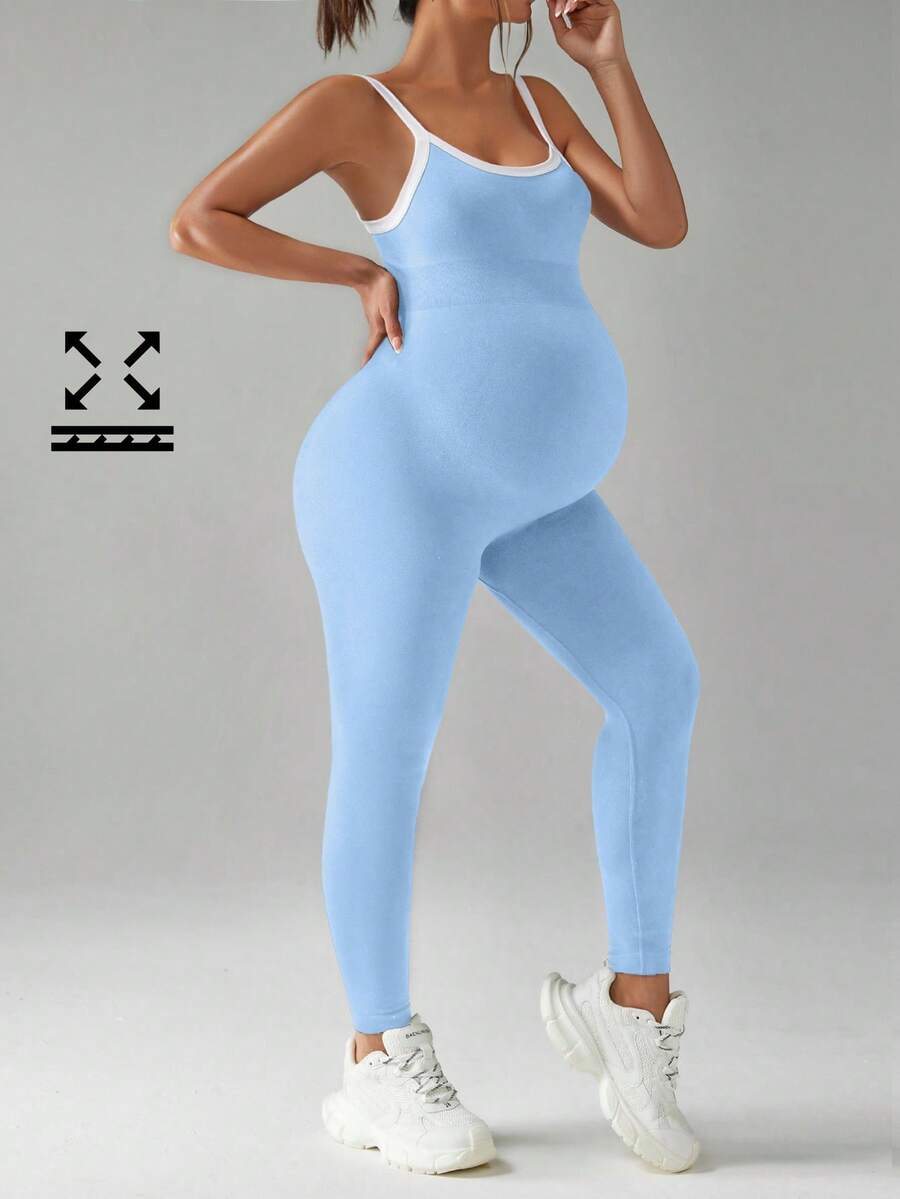 SHEIN 孕妇撞色露背运动连体裤 - 藍色 - 查看 1