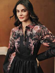 Anewsta Spring/Autumn New Floral Print Lapel Long Sleeve Waist Fit Flare Hem Women Dress - Multicolor - View 2