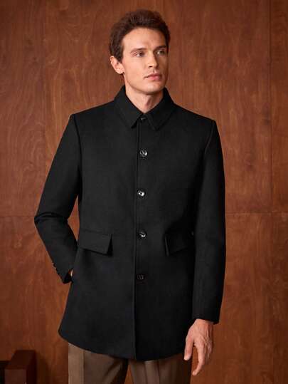 Officeau 男士羊毛混纺西装外套，休闲时尚纯色长袖口袋纽扣大衣，秋冬服装