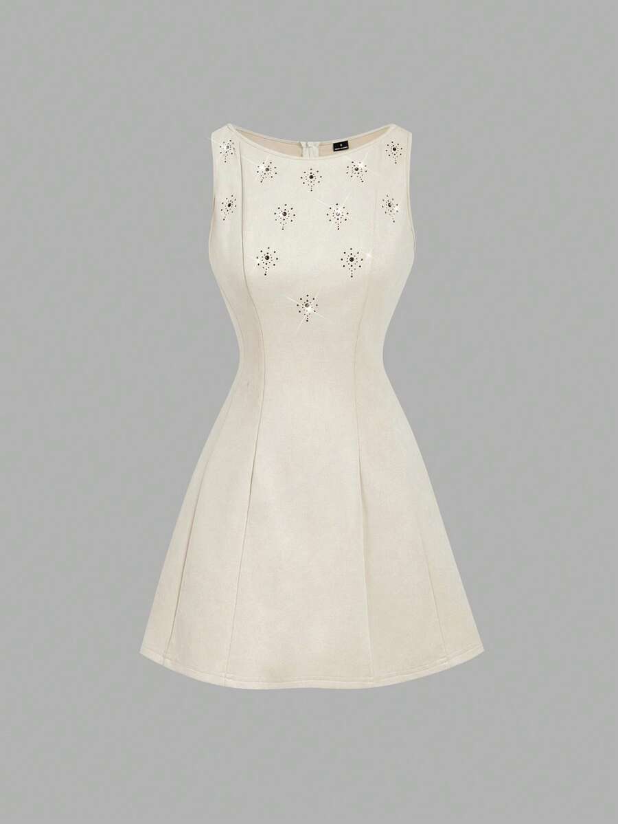 SHEIN MOD Women's Brown Suede Rhinestone Embellished Dress, White Sparkle Dress, White Rhinestone Dress, Pearl Dress - Apricot - View 1