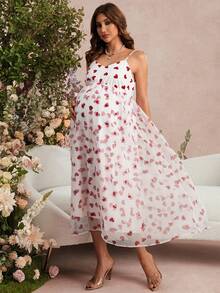 SHEIN Valentine's Day White Maternity Elegant Heart Print Sleeveless Spaghetti Strap Dress For Pregnant Women,Autumn New Year Pregnancy Dress For Photoshoot - Burgundy - View 6