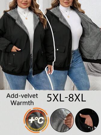 SHEIN CURVE+ 加大码女式黑色保暖内衬实用口袋加厚外套/冬季