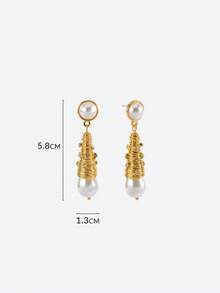 Opalesca 1 Pair Of Fashionable And Elegant Conical Rhinestone Faux Pearl Women's Earrings,Outfits,Old Money,Wedding/Bridal Accessories,Western Jewelry,Fairycore/Fairy,Pearl,Fall/Autumn/Winter,For Mom/Women/Girl/Mother,Elegant - Gold - View 5