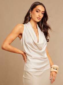 Silquee Ärmellose V-Ausschnitt Bluse, elegantes drapiertes Design, professionelle Damen Top für die Arbeit, geeignet für formelle Anlässe, Valentinstag-Dates, lässige Unternehmungen, Frühling/Sommer - Champagnerfarben - Übersicht 6