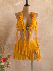 Soleia 新款度假风荷叶边下摆迷你裙两件套，波西米亚风，浪漫花卉图案，适合派对、约会、情人节、复活节、狂欢节、下午茶、海滩、邮轮、城市假日等场合。 - 橘色 - 查看 8