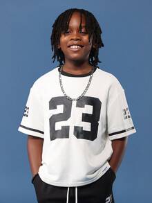 SUMWON Tween Boys Varsity Number 23 Streetwear Matching Set Loose Wide Leg Track Pants Oversized T-Shirt Two Piece Casual Urban Fashion Vacation - Black and White - View 3
