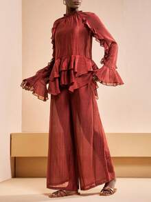 Zivah 2pcs/Set Spring/Summer 2026 New Music Festival/Valentine's Day Date Outfit: Round Neck Long Sleeve Ruffle Hem Top And Pocket Flare Leg Pants