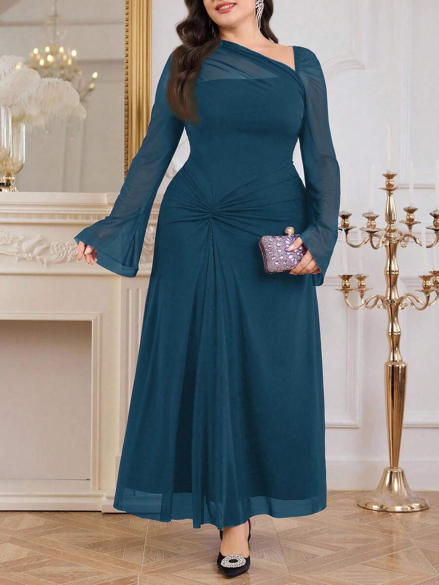 Modelyn 大码纯色网纱撞色休闲连衣裙,简约优雅日常长款晚礼服 - 水鴨藍 - 查看 1
