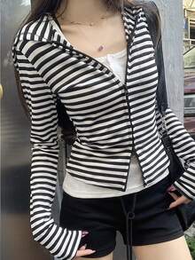 K-Vae Women's Casual Commuting Zip-Up Hooded Jacket With Black And White Striped Print, Suitable For Spring And Autumn - Black and White - View 3