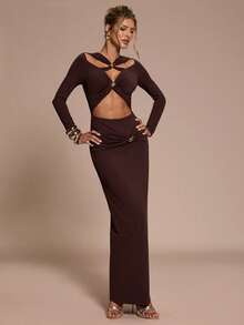 SHEIN BAE Elegant Dark Brown Bodycon Dress For Women,Long Sleeve Metal Buckle Decor,Autumn Night Out,Formal Dinner Party,Birthday & Cocktail Events,Winter Dress - Brown - View 5