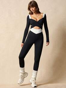 VARSIVA Women's Black And White Color Block Long-Sleeved Jumpsuit With Knotted Ballet Style, Elegant Long Sleeves, Crossover, Simple Casual Jumpsuit, Fitness Wear, Suitable For Yoga Fitness, Spring, Autumn And Winter - Multicolor - View 7