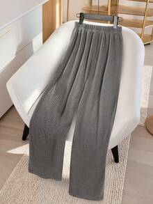 SHEIN Franclia Pantalones anchos de punto acanalado de unicolor, versátiles y sencillos para uso casual, oficina y transporte diario de las mujeres - Gris Oscuro - Ver 2