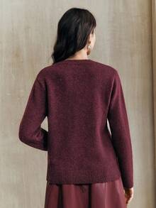 Anewsta Elegant Chic Autumn/Winter Sweater With Embroidered Sequin & Rhinestone Floral Decor, Round Neck - Bold Plum - View 2