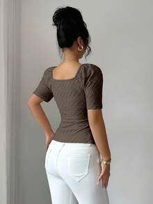 Elenzga 女士时尚优雅方领短袖收腰休闲粉色T恤上衣 - 棕色 - 查看 2