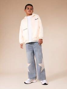 SUMWON Boys Full Zip Through Hoodie Without Drawstring Hood And Centre Pocket For Spring Fall Winter Casual Wear Vacation - Apricot - View 3