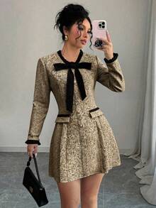 SHEIN Franclia 女士蝴蝶结装饰长袖褶裥下摆优雅迷你连衣裙 - 卡其色 - 查看 3