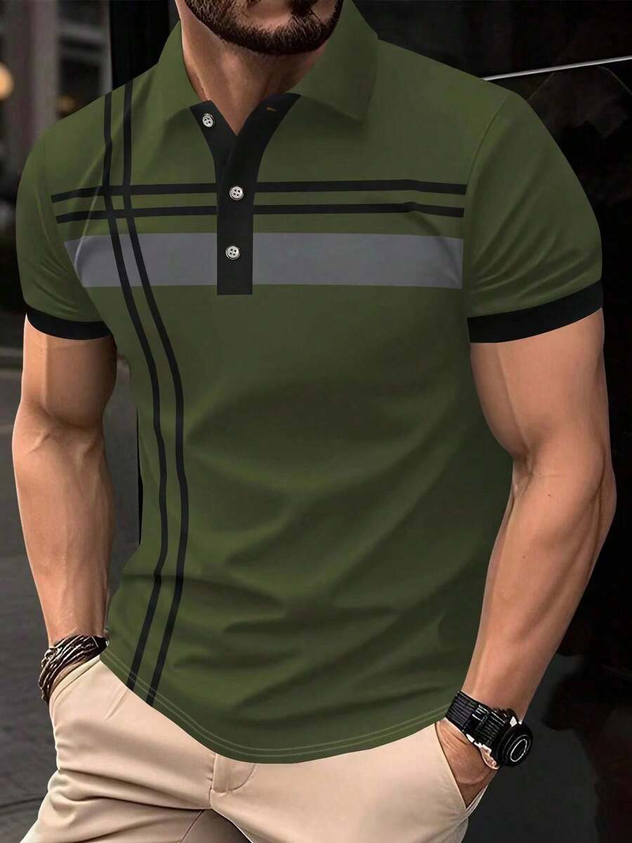 Manfinity Mode 男士条纹印花撞色滚边休闲百搭短袖Polo衫,时尚设计师款上衣 - 軍綠色 - 查看 1