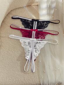 SpicyHot 3pcs/Pack Glittery Silver Ribbon, Charming Heart Lace Seductive Women's Sexy Panties Set - Multicolor - View 2