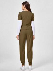 TaskEZ 1 Set V-Neck Short Sleeve Top And Pocketed Pants Scrub Uniform Casual - Green - View 2