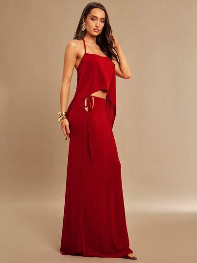 Silquee 女士性感简约纯色露背系带露脐上衣和鱼尾裙两件套，夏季