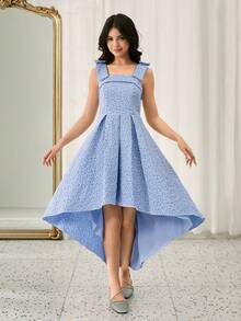 Váy dự tiệc Giáng sinh hai dây vải Jacquard thanh lịch, thắt eo cho bé gái tuổi teen - Màu xanh lam - Xem 1