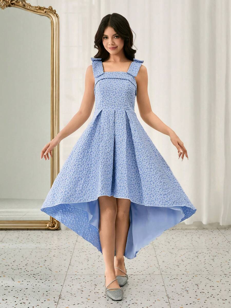 Váy dự tiệc Giáng sinh hai dây vải Jacquard thanh lịch, thắt eo cho bé gái tuổi teen - Màu xanh lam - Xem 1