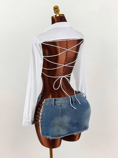 Amplova Y2k Women's Solid Color Backless Tie-Up Design Long Sleeve Cropped Sexy Shirt Backless Shirts Lace Up Top Open Back Tops Valentine's Day Vacation Outfits Women Tie Up Shirt Vacation Outfits Women Elegant Blouses For Women Spring Clothing Summer Tops