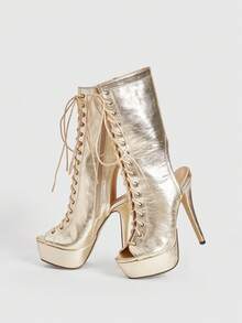 CUCCOO LuxiPop Cizme de damă cu toc înalt și fermoar lateral, cu textură metalică și talpă groasă, la modă, până la jumătatea gambei - Aur - Vizualizare 6