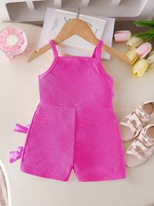 SHEIN Baby Girls' Casual Sleeveless Elastic Ribbed Fabric Bow Decor Romper, Short Style, Pink, Summer - Hot Pink - View 3