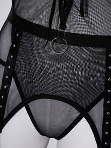 SHEIN Bộ đồ lót gợi cảm 4 món cỡ lớn với thiết kế lưới mỏng, buộc dây và nịt eo - màu đen - Xem 7