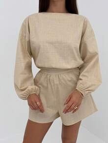 Aloruh Women's Cotton Long Sleeve Plunging Neck Backless Jumpsuit - Apricot - View 7