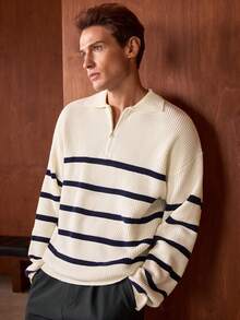 Officeau Sweater Turtleneck Pria Bergaris dengan Warna Kontras, Serbaguna untuk Musim Gugur/Dingin - Aprikot - View 1