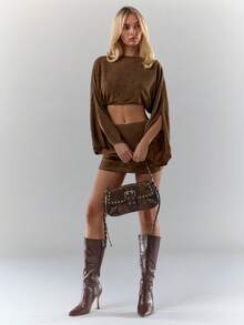 Glamine Women's V-Neck Split Sleeve Cropped Top And Mini Skirt 2 Pieces Set - Brown - View 3