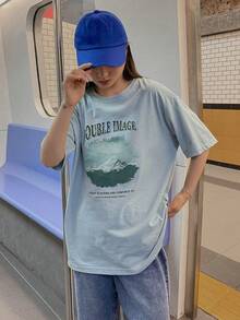 DAZY Letter Graphic Oversized Tee - Dusty Blue - View 4