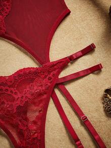 4pcs Set Women Lace Contrast Mesh Padded Sexy Lingerie Set For Going Out - Burgundy - View 8