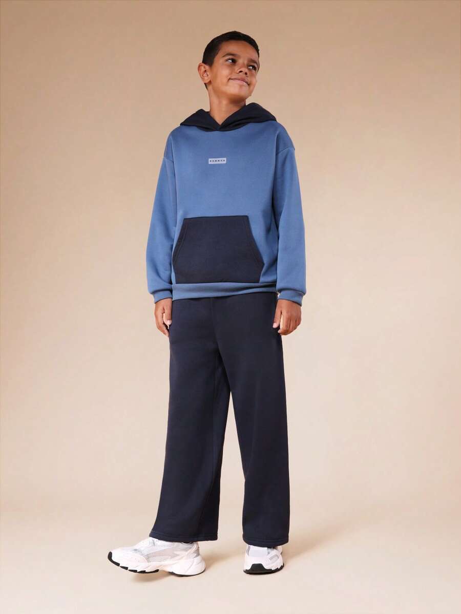 SUMWON Tween Contrast Color Block Pullover Hoodie And Relaxed Jogger Set With Centre Pocket Comfortable Everyday Casual Wear Vacation - Blue - View 1