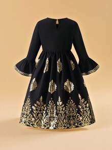 1 pieza Vestido maxi con cuello redondo, manga acampanada y estampado metálico para niñas, primavera/otoño - Negro - Ver 2