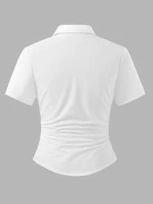 适合青少年女孩的休闲百搭日常通勤修身短款白衬衫 - 白色 - 查看 2