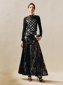 Arave 女士亮片刺绣修身露脐吊带上衣，万圣节服装 - 黑色 - 查看 4