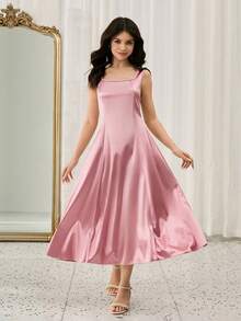 优雅简约时尚方领无袖收腰长款A字裙，纯色缎面亮面粉色连衣裙，适合青少年女孩参加舞会、婚礼等场合。 - 粉色 - 查看 1