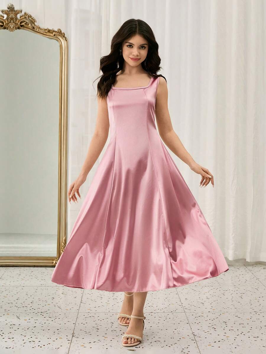 优雅简约时尚方领无袖收腰长款A字裙，纯色缎面亮面粉色连衣裙，适合青少年女孩参加舞会、婚礼等场合。 - 粉色 - 查看 1