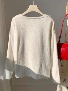 Comfortcana 2025 New Fall/Winter Fashionable Women's Bow Embroidery Round Neck Dropped Shoulder Long Sleeve Casual Loose T-Shirt Winter For Women Christmas For Women New Year Casual Top For Women Graphic T-Shirt White For New Year's Eve Top - Beige - View 2