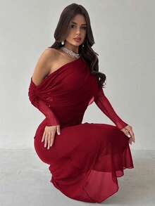 Firerie Autumn/Winter New Women's Elegant Asymmetrical Shoulder Long Sleeve Pleated Waist Knit Dress, Versatile Black Long Dress For Daily, Party, Airport, Teacher, Outing, Wedding Guest - Burgundy - View 7